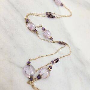 Pink amethyst circle coin crystal 14k gold filled sparkly rosary necklace